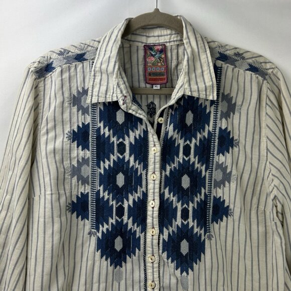 Johnny Was 3J Workshop XL Boho Aztec Geometric Embroidered Shirt Long Sleeve - Picture 15 of 16